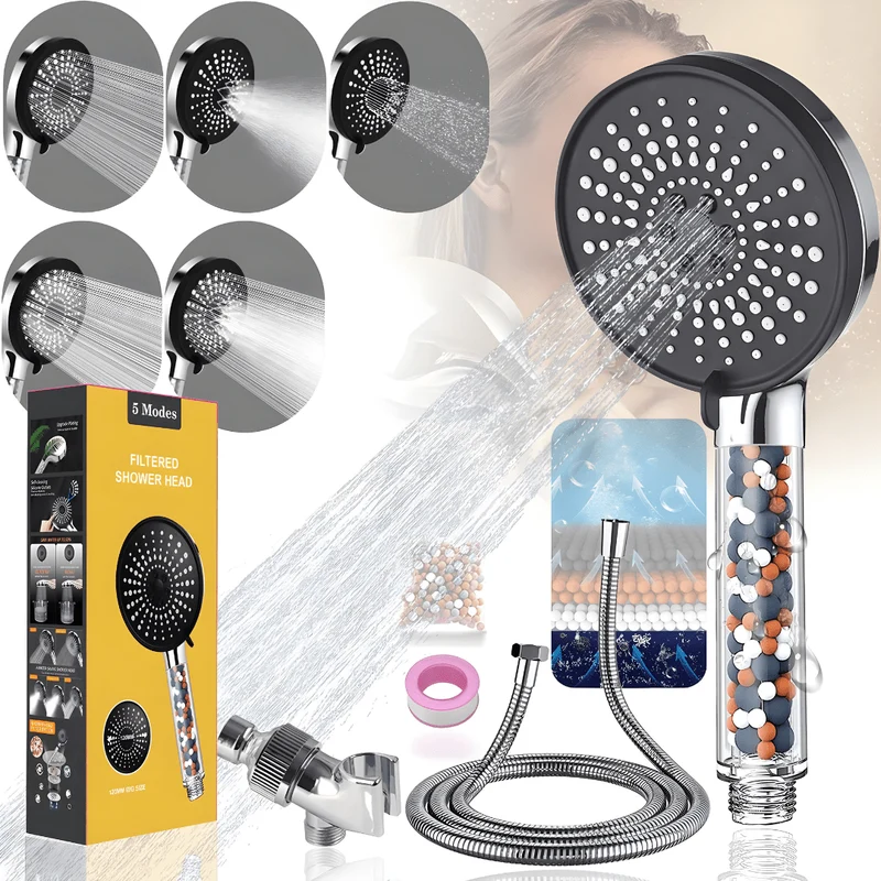 5-in-1 High-Pressure Filtered Shower Head with Hose & Mineral Beads