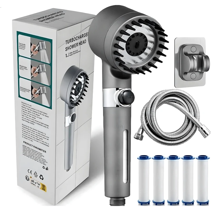 Turbo-Charged High-Pressure Shower Head with Hose & 5 Filters