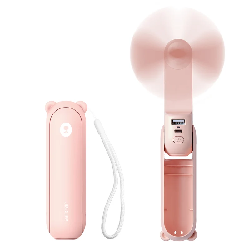 Jisulife Handheld Fan Life8 Portable USB Fan med Power Bank-funktion 2000mAh och ficklampa - Pink