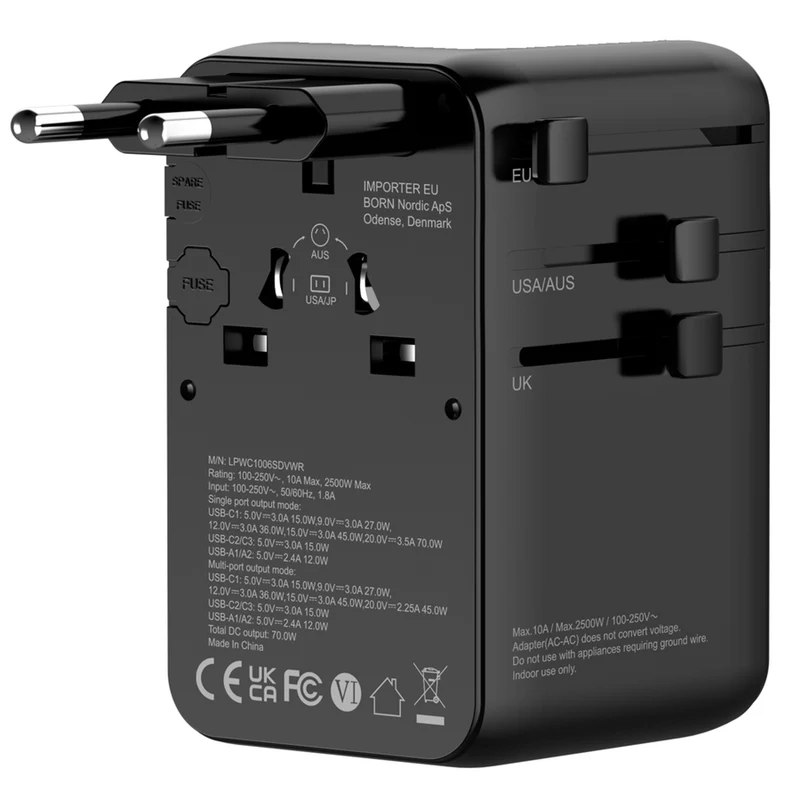 Lippa 70W Rejseadapter 70WW USB-C PD, USB-A og indbygget USB-c kabel, Sort