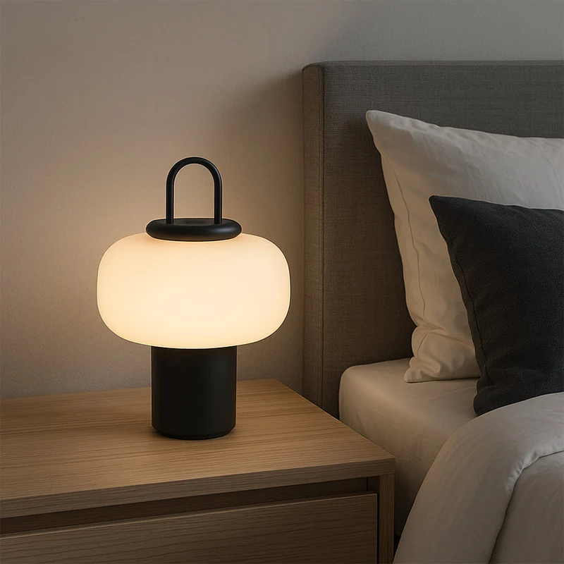 Stilren glasbordlampe med blødt LED-lys til soveværelset