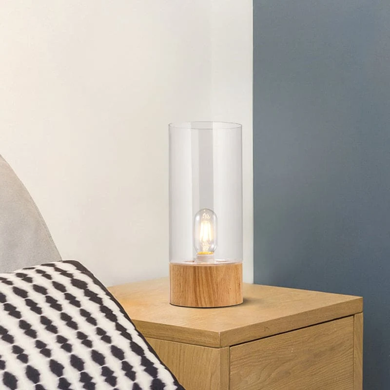 Cylindrisk Bordlampe med Træbase – Stilfuldt Design