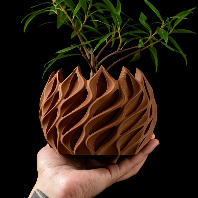 Geometrisk plantekrukke i bioplastik med unikt bølgedesign