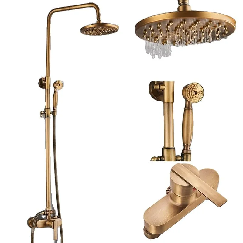 8" Round Bathroom Shower Set, Antique Brass Wall Mounted Faucet with Hand Shower, Double Handles