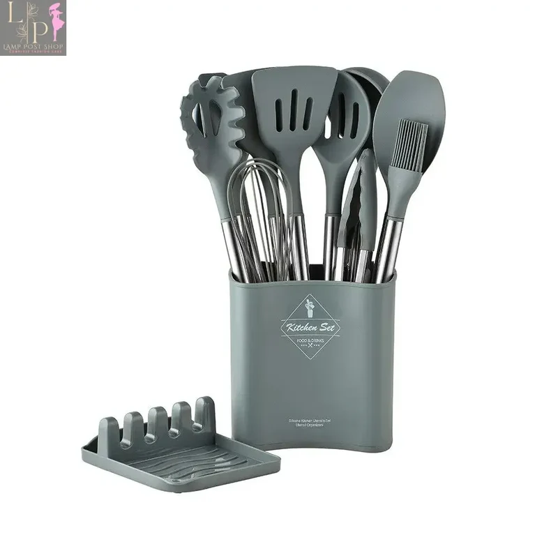 13 PCS Silicone Kitchen Utensil Set with Storage Bucket & Steel Handle