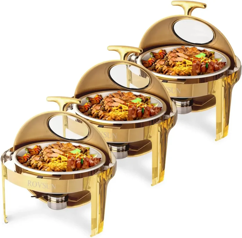 ROVSUN 6 QT 3 Pack Round Chafing Dish Buffet Set – Roll Top Design