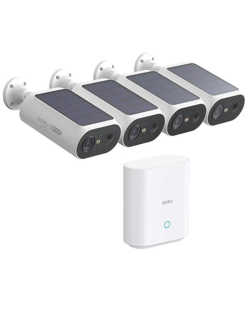 AOSU 4K Solar Security Cameras Wireless Outdoor, Expandable to 16TB (32GB Built-in) HomeCortex Home Security System, AI Face Recognition & Behavior Detection, 4-Cam Kit