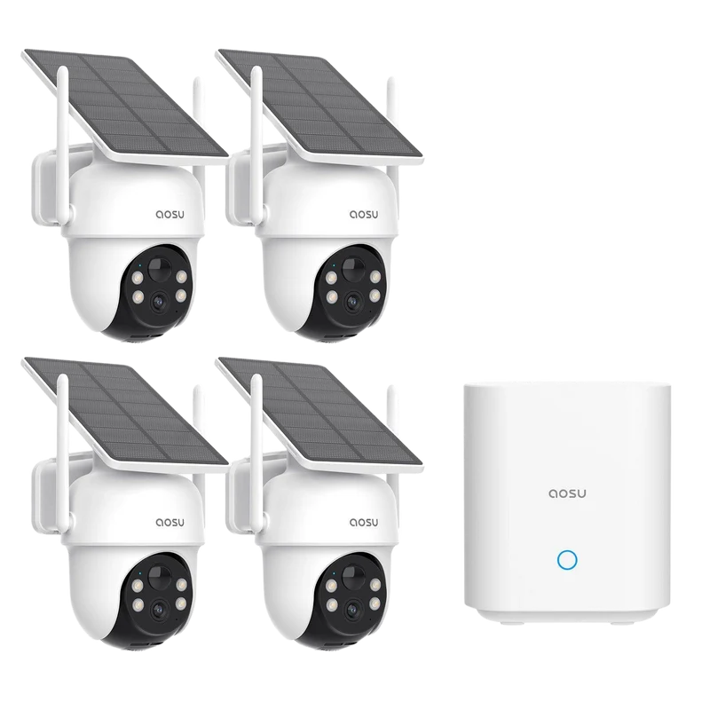 AOSU Solar Security Cameras Wireless Outdoor, 2K QHD Home Security System, 4 Camera Kit with 166° Ultra-Wide View, Forever Power, Spotlight Camera, 32G Local Storage, No Monthly Fees