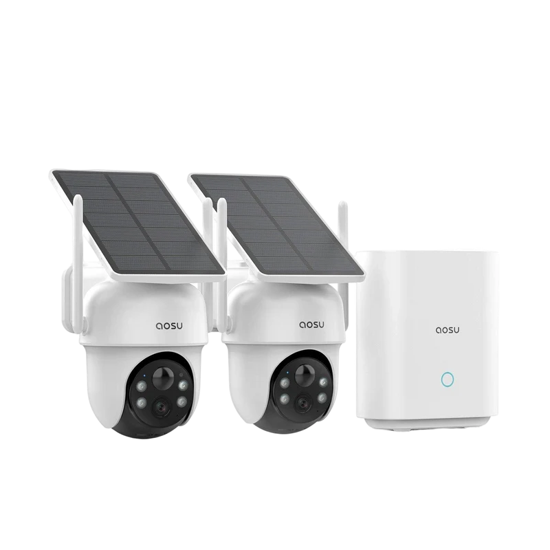 AOSU Solar Security Cameras Wireless Outdoor, 2K QHD Home Security System, 2 Camera Kit with 166° Ultra-Wide View, Forever Power, Spotlight Camera, 32G Local Storage, No Monthly Fees