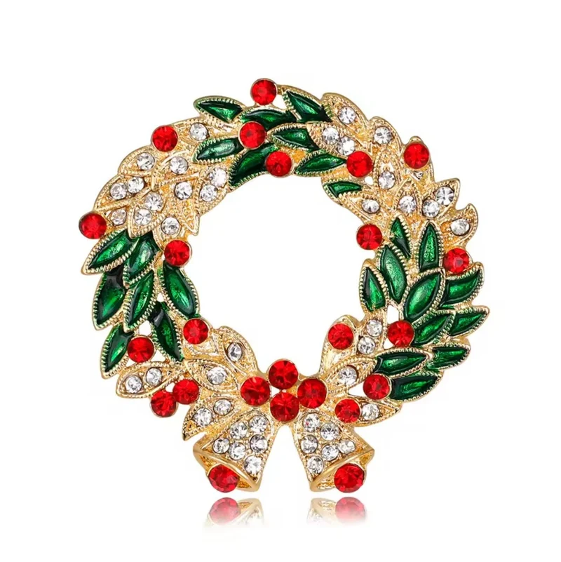 Gold Christmas Wreath Brooch with Bells & Cubic Zircon Crystals