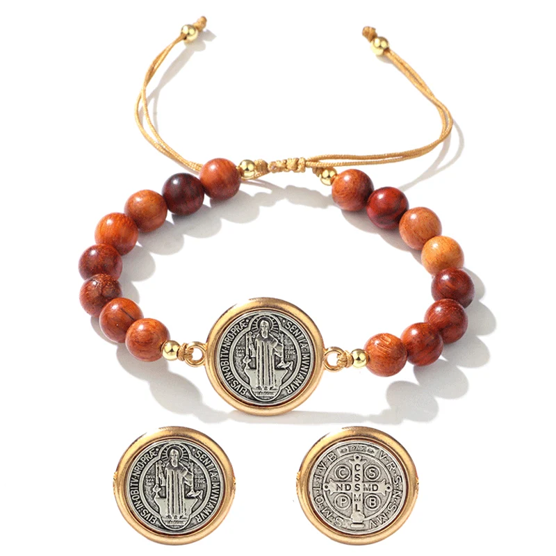 📿 KÖP 1 FÅ 1 GRATIS! ✨ Justerbart Träpärlearmband med St. Benedict – Andligt Skydd, Naturmaterial & Unisex Design 🙏