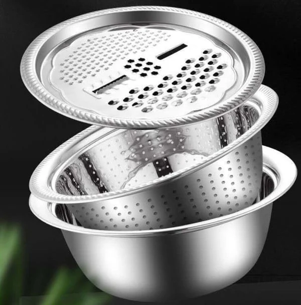 🥣 50% RABATT NU! Multifunktionell behållare i rostfritt stål från Tyskland – 3‑delat set – perfekt för siktning, rivning & förvaring – livsmedelsklassat 201 rostfritt stål 🍽️✨