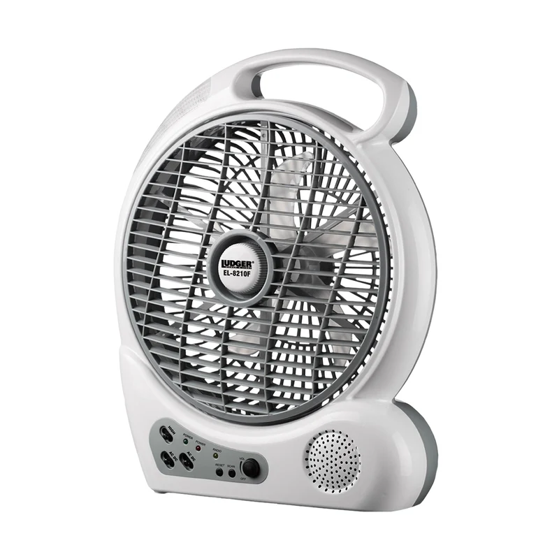 Portable 10 Inch Rechargeable Utility Fan with LED Lights, FM Radio, and USB Charger