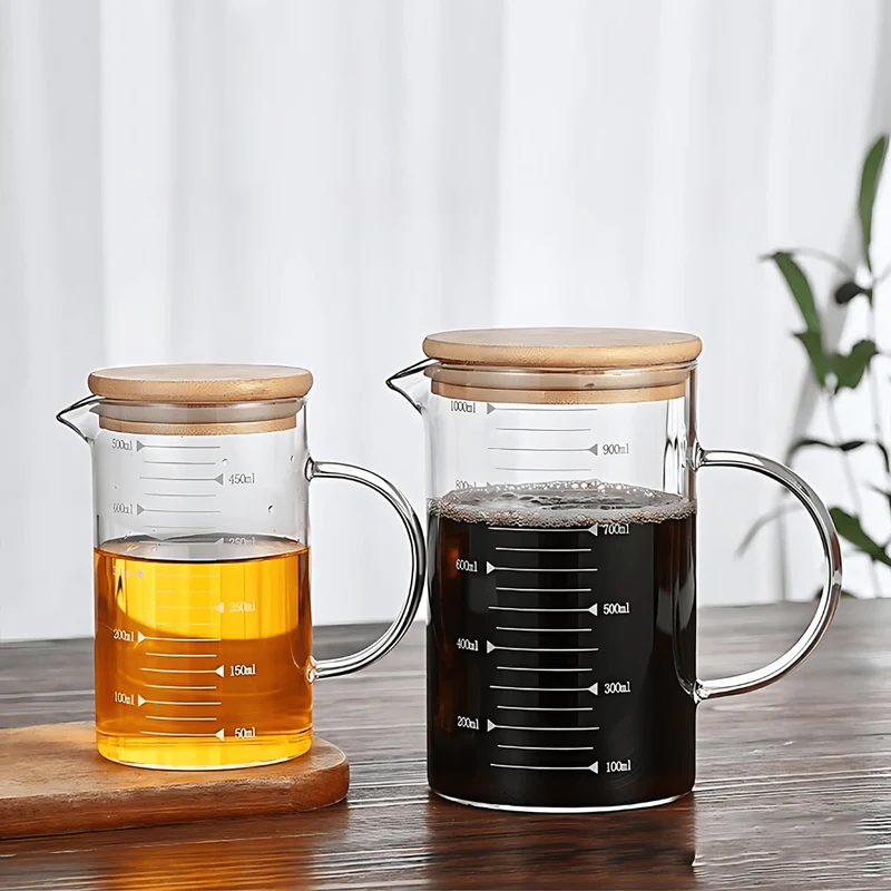 High Borosilicate Double Wall Measuring Glass Cup with Wooden Lid 350ml/500ml/1L