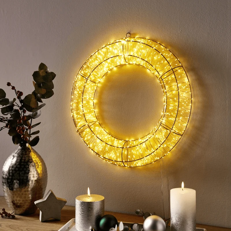 XXL LED Light Wreath in Gold 1000 Micro LEDs 50 cm Diameter with Timer Function Suitable for Indoor and Outdoor Use