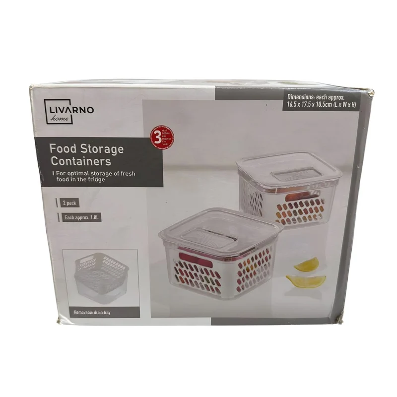 Livarno Home Food Storage Containers – Set of 2 with Drain Tray, 1.8L Each