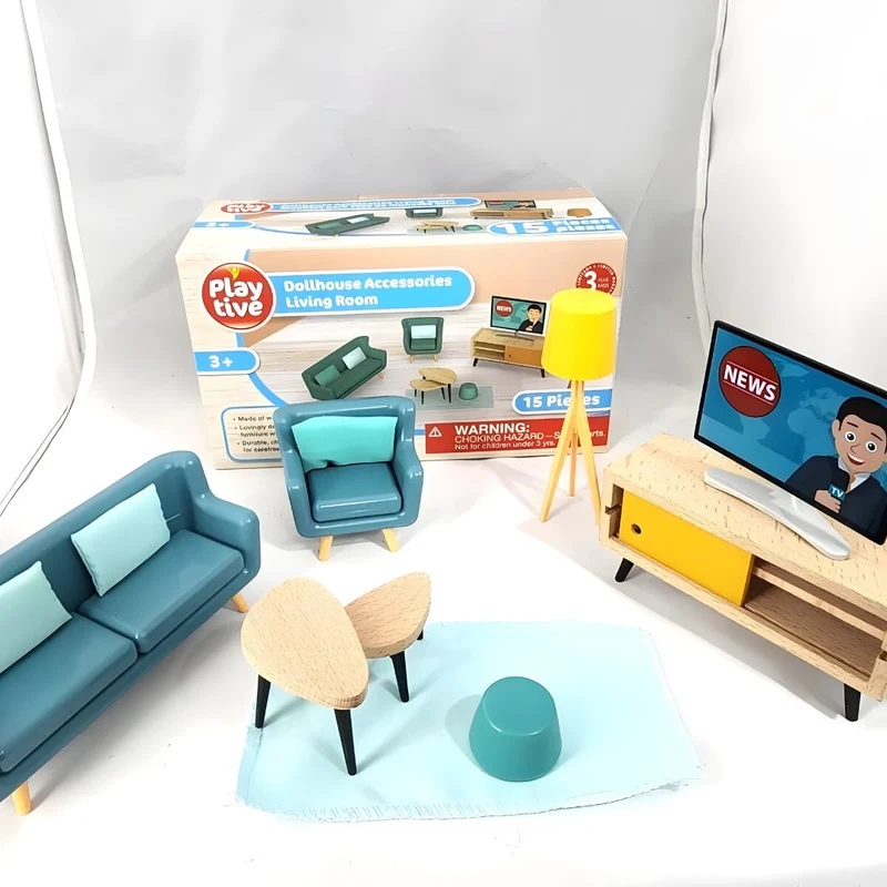 Playtive Wooden Dollhouse Furniture – 15 Pieces, Role-Play Set for Kids 3+