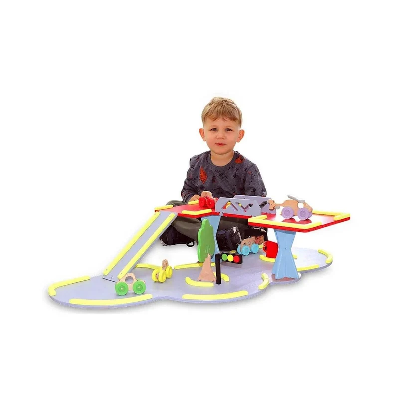 Lulubere Wooden Car Parking Play Set – 9 Parts with Cars & Helicopter (2+ Years)