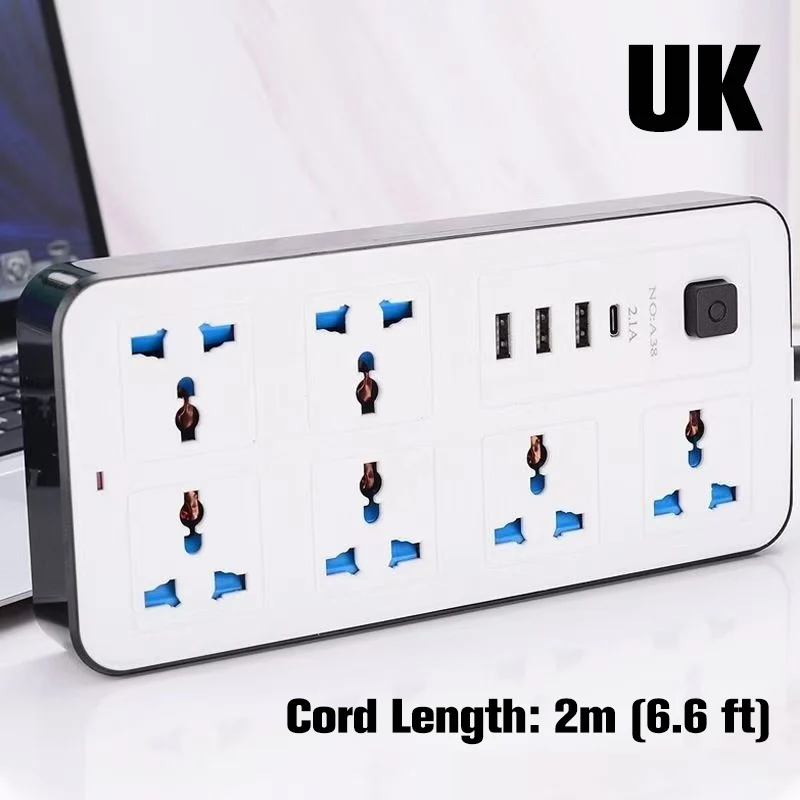 Eluttag med flera uttag och lång förlängningssladd – USB-laddningsportar ingår